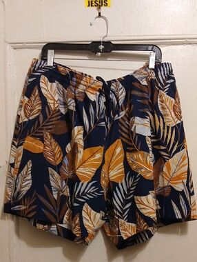 Paisley & Gray Navy Shorts with Mustard and Tan Leaf Motif